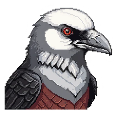 detailed gray crow head, reddened cheeks, big white eyes with determined look, short pointed beak sticker