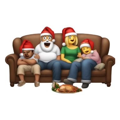 Family sitting on couch wearing Christmas hats. All with fat belly’s. Two people sleeping, one person burping. With Christmas dinner on floor.  sticker
