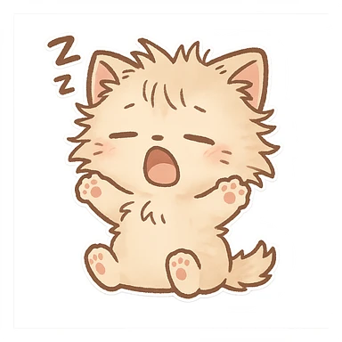chibi style cat waking up, tiny paws, messy fur, cute expression sticker