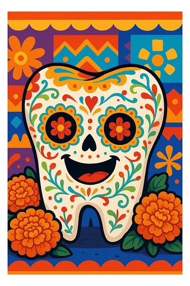 molar tooth celebrating Día de Muertos, with sugar skull details, cempasúchil flowers, and festive Mexican background, fun cartoon style sticker