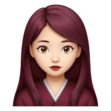 asian girl, long dark burgundy brown hair, hazel brown eyes, half lidded eyes, wolfcut hairstyle sticker