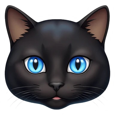 black cat face with bright blue eyes and a small white patch sticker