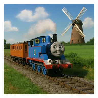 Thomas the Tank Engine with Annie and Clarabelle passing a windmill, authentic TV show look, blue locomotive, two orange coaches, green fields, no text sticker