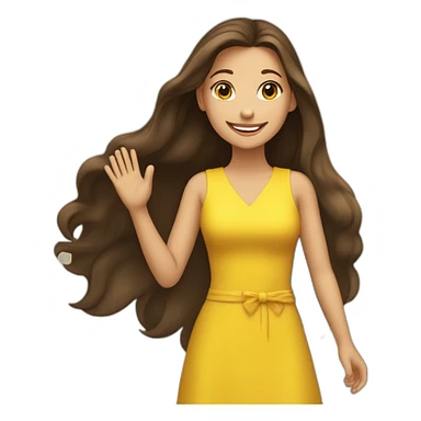 Brunette happy girl with long hair shake her hand for say hi! to someone. She is wearing a yellow dress sticker