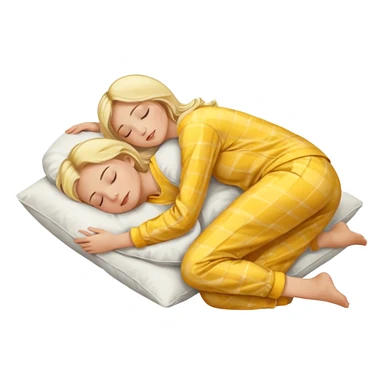 woman with blond hair in yellow pajamas, sleeping on her side on a white pillow, classic iOS emoji style sticker