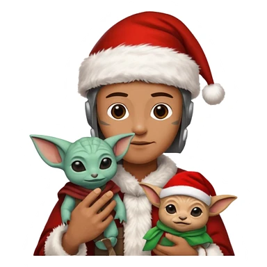 mandalorian holding grogu wearing santa hat sticker