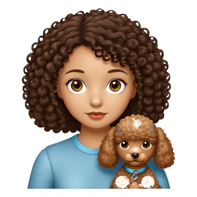 Medium skin toned girl with brown-black curly hair with brown eyes holding a light brown miniature poodle sticker