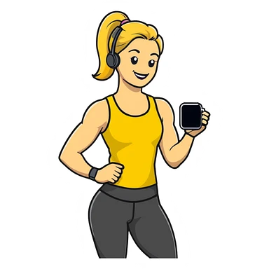 Sporty blonde woman in yellow top and black leggings, showing bicep, smiling, with wireless earbud and Apple Watch sticker