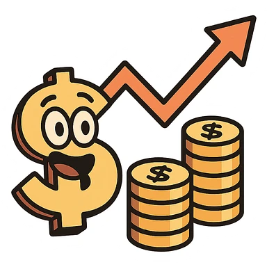 cartoon style icon for economy, with a dollar sign, coins, and a graph arrow sticker