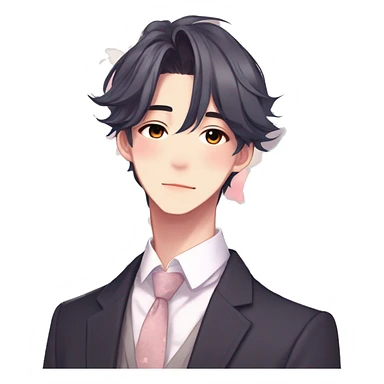 Gorgeous romantic hot attractive anime style Asian formal modern gentlemanly guy with pretty hair and flower petals and blushing face aesthetic trending style with colorful gradient colors  pastelcore cottagecore kawaiicore sticker