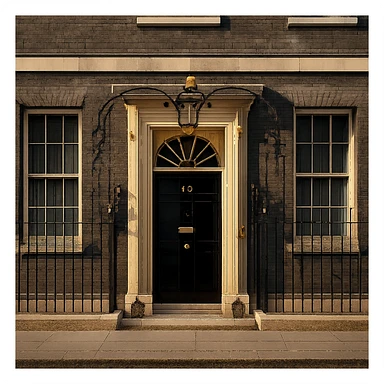 cinematic, realistic emoji of 10 Downing Street in London, featuring its iconic black door and Georgian brick facade, lifelike detail, accurate colors, bright lighting, fully transparent background with no sky, slightly zoomed out for a wider angle view sticker