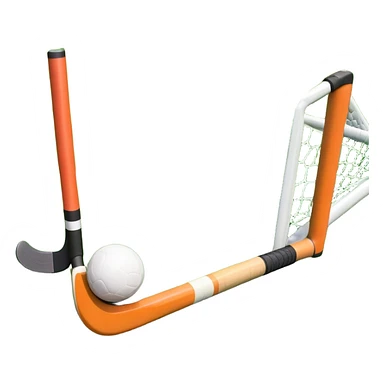 A field hockey stick and ball positioned on a vibrant green grass field, with the goalposts and clear field markings in the background. The scene highlights the lush, well-maintained turf, emphasizing the speed and precision of the sport in an energizing outdoor setting. sticker