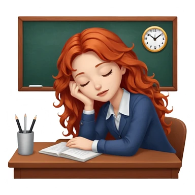 Pretty white model, brown eyes, soft long red wavy hair, falling asleep at desk sticker