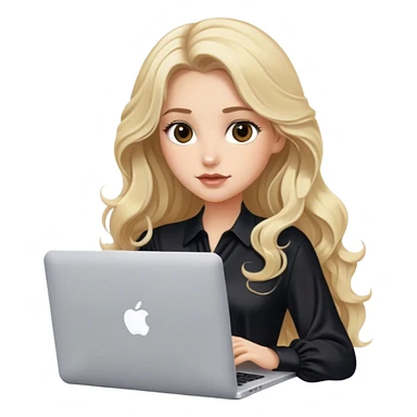 Blonde model with brown eyes, long wavy hair, black silky blouse, typing on MacBook  sticker