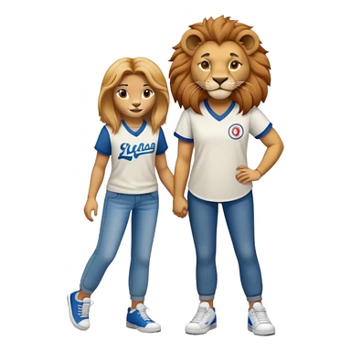 confident anthropomorphised female lion wearing a baseball shirt, jeans, and trainers, showing comfort and support to another character sticker