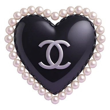 elegant glossy black heart, pearls encircling, silver Chanel logo centered, black and white color scheme sticker