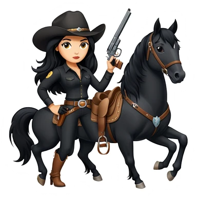 confident hot tanned woman with long black hair cowgirl style wearing black outfit with gun and horse sticker