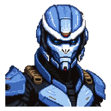Garrus Vakarian from Mass Effect, turian with blue facial markings and targeting visor sticker