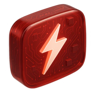 YouTube logo centered with red background, white lightning bolt inside instead of play button, glossy circuit style sticker