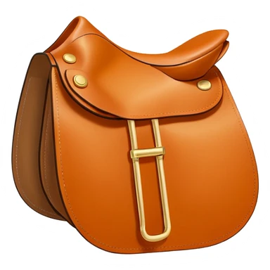 Hermès-style saddle, modern design, Hermès orange, gold buckles, luxury, cute emoji style sticker