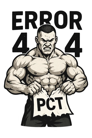 bodybuilder che strappa un foglio con la scritta "PCT" INTORNO A LUI FLUTTUANO LE PAROLE "ERROR 404" sticker
