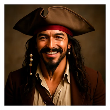 Make Jack Sparrow smile with a natural, charismatic smile, keeping the realistic pirate style, detailed attire, tricorn hat, and beaded hair. Maintain the realistic pirate look and detailed features. sticker