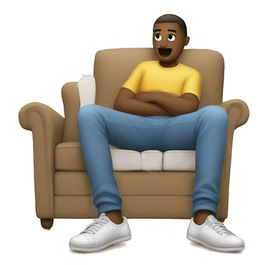 The image show a legs sitting on couch. They are wearing a dirty socks and no shoes. Their legs are extended, with one foot up in the air. The person is wearing white socks with the sole of the foot visible, one of which is on the floor. sticker