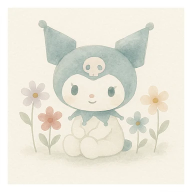 Kuromi character, watercolor art style, sitting pose, surrounded by flowers sticker