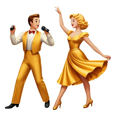 Vintage movie poster-style icon for a musical film. The cityscape glows in the background, evoking the golden era of musicals. A vibrant street scene with bright lights, dancers mid-step, a singer with a microphone. Transparent background. sticker