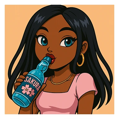 Add the word 'Sakura' to the blue Ramune soda bottle label. Headshot only of a 20-year-old anime Bratz style woman with dark skin, straight hair, trendy outfit, big expressive eyes, glossy lips, no hat, no tears, happy expression, both eyes open, looking straight ahead, drinking blue Ramune soda from the classic glass bottle. sticker