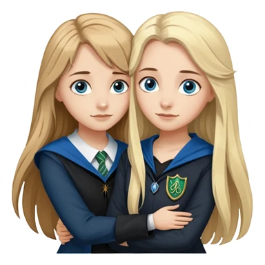 a pretty ravenclaw girl with long brown hair and blue eyes standing with a hot Slytherin girl with long blonde hair, blue eyes sticker