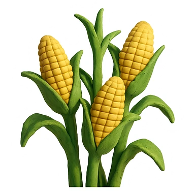 close-up of corn stalks with ears of corn, gentle sunlight, pastel background, claymation style sticker