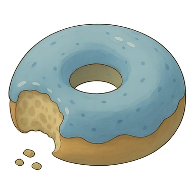 A bitten donut in Ghibli style, detailed, with soft blue colors, no background. sticker