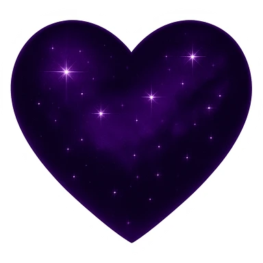Transform the midnight heart into a purple night theme with deep purple and black colors, glowing effect, and more stars. Remove the background entirely. sticker