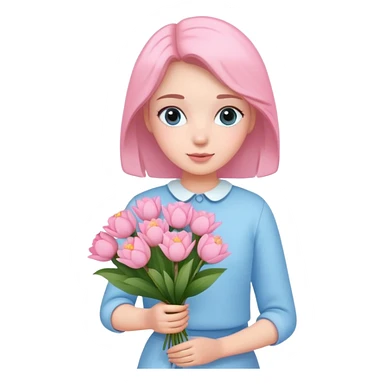 girl wearing pastel blue clothes holding a bouquet of pink flowers sticker