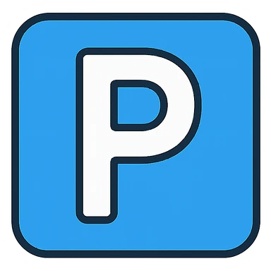 parking symbol, rounded edges, friendly, blue background, white P sticker