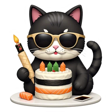 cool cat wearing sunglasses eating a birthday cake made out of sushi sticker