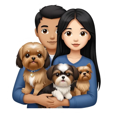 A beautiful Asian girl with long black hair is holding a Yorkshire Terrier. She is standing next to her brown skinned boyfriend, who is holding a Shih Tzu. They are each holding one dog each sticker