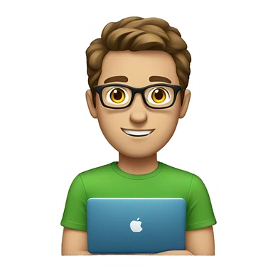 white young man with blue eyes and brown hair and square glasses wearing green t-shirt with laptop sticker