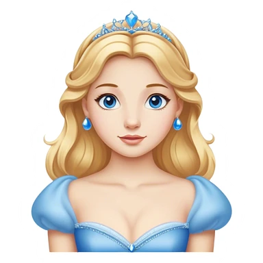 Cinematic Realistic Comical Cinderella Portrait, with every detail rendered realistically—from the soft, smooth texture of her fair skin to her artfully styled golden-blonde hair. Her bright blue eyes are wide with playful disbelief, and her expression carries a touch of whimsical humor while retaining elegant poise. Her classic ball gown, detailed with rich fabric textures and natural shadows, catches the light in a way that blends refined beauty with a hint of cheeky mischief, creating a striking, lifelike portrayal. sticker