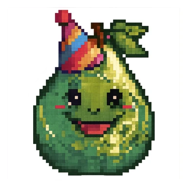 Add a colorful party hat to the happy pear with a big smile in pixel art style. Keep the pixel art aesthetic and no background. sticker