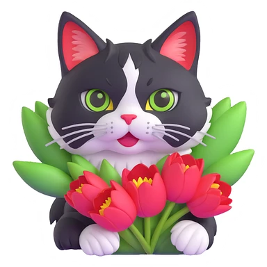 tricolor fluffy cat with big green eyes holding red tulips in her arms sticker