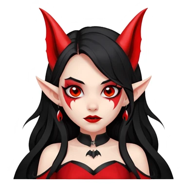 demon girl, skin red , black long hair, small horns, pointed ears, bat wing, black open-back dress, bold black outlines, red+black palette sticker