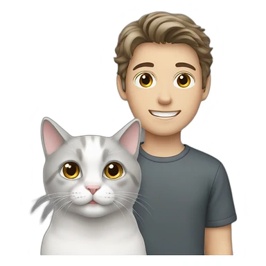 White brunette boy with gray cat sticker