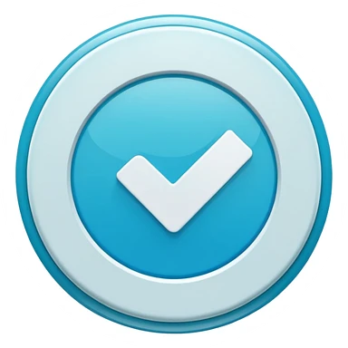 Modern emoji-style  verified icon: cyan-blue circular badge, bold white checkmark, smooth gradient, soft glossy highlights, subtle shine, thick white border, minimalist flat + semi-3D style, smooth edges, high contrast, transparent PNG, high quality, sharp. sticker