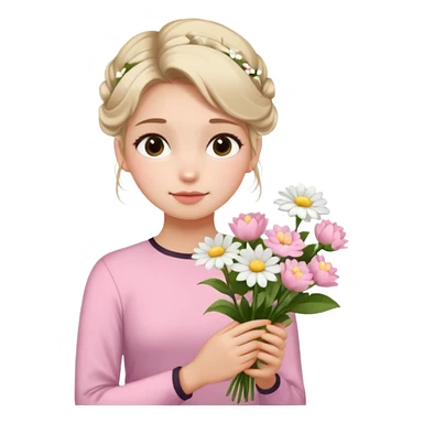 emojis.com a-girl--sitting--near-various-bouquets-of-flowers-,-white-and-pink-flowers-.-she-is-holding-a-single-white-flower-up-to-her-face,-her-hairstyle-is-slightly-messy-updo,-with-a-few-soft-strands-f (1) sticker