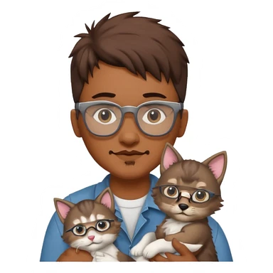 Glasses and mustach holding a kitten, the person should be brown and have a wolf cut mullet sticker