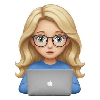 blonde girl with long dark blonde wavy hair, blue big eyes, pantos-style glasses, a brown colored sweater, sitting and looking in laptop, soft pastel, upper body shot sticker