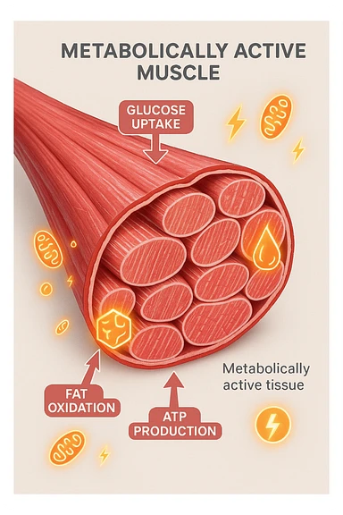 a highly detailed cross-section of human skeletal muscle fibers, shown in vibrant red and pink tones, with visible striations and realistic texture. Glowing arrows and animated icons represent active metabolic processes—such as glucose uptake, fat oxidation, and ATP production—occurring within the muscle tissue. Surrounding the muscle, floating symbols for mitochondria and energy highlight its metabolic activity. The background is clean and clinical, with subtle labels and infographics explaining that muscle is a metabolically active tissue. The overall style is modern, scientific, and visually engaging, suitable for educational or medical use. in italiano sticker
