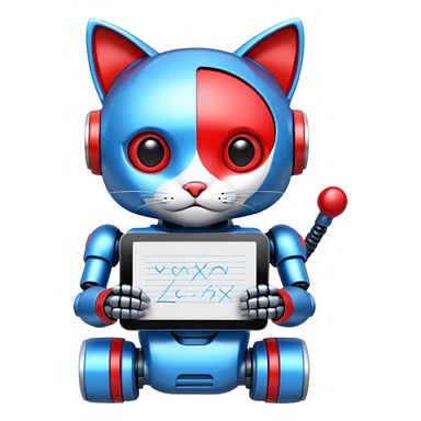 generate robot cat, glossy, realstic, red and blue color, write on tag LMX sticker